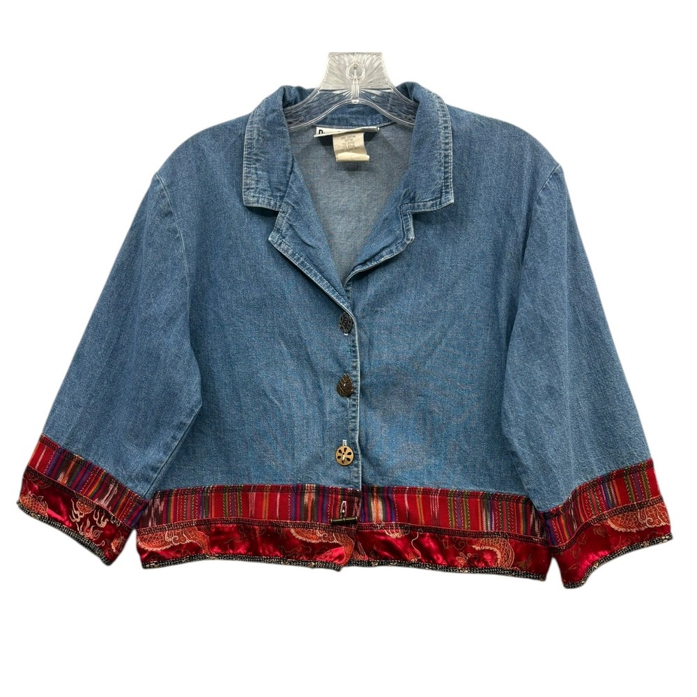 Vintage Piccalino Petites Women's Denim Shirt Embellished Cropped Sleeve 6P